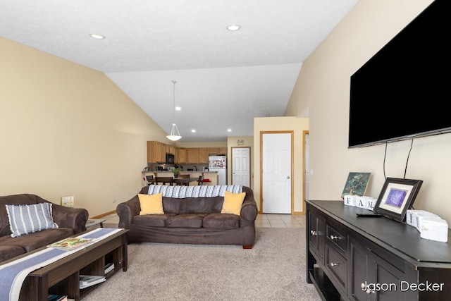 living area featuring lofted ceiling, light carpet, recessed lighting, and light tile patterned flooring