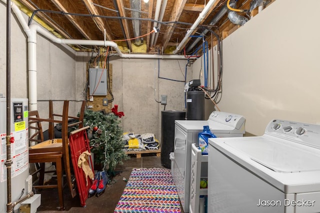 washroom with separate washer and dryer, water heater, and electric panel