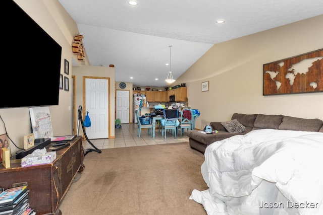 living room featuring recessed lighting, vaulted ceiling, light carpet, and light tile patterned floors