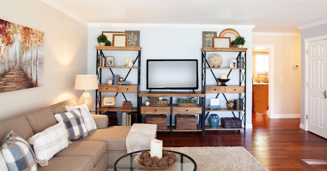 living area featuring wood finished floors, ornamental molding, and baseboards