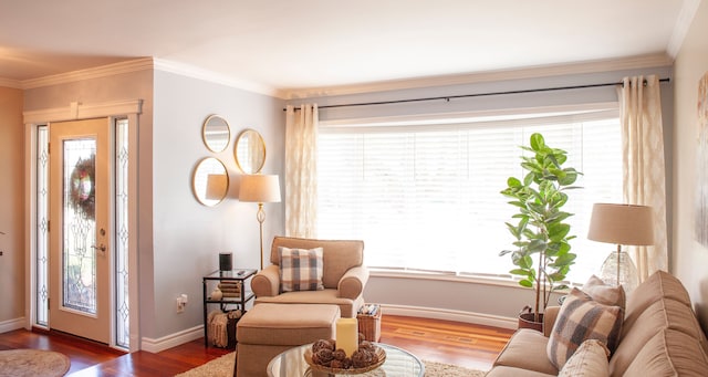 living area featuring wood finished floors, baseboards, and crown molding