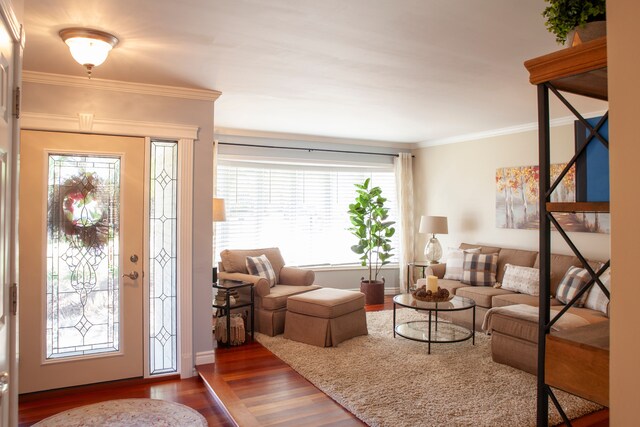 entrance foyer featuring wood finished floors, healthy amount of natural light, ornamental molding, and baseboards