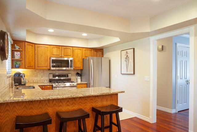 kitchen with stainless steel appliances, a sink, light stone countertops, a peninsula, and recessed lighting