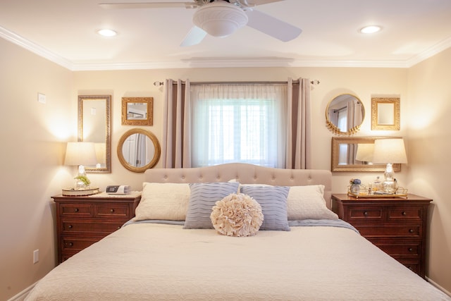 bedroom with ornamental molding, ceiling fan, and recessed lighting