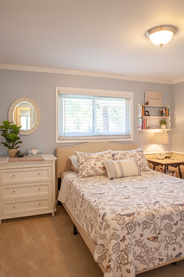 bedroom with ornamental molding, multiple windows, and light colored carpet