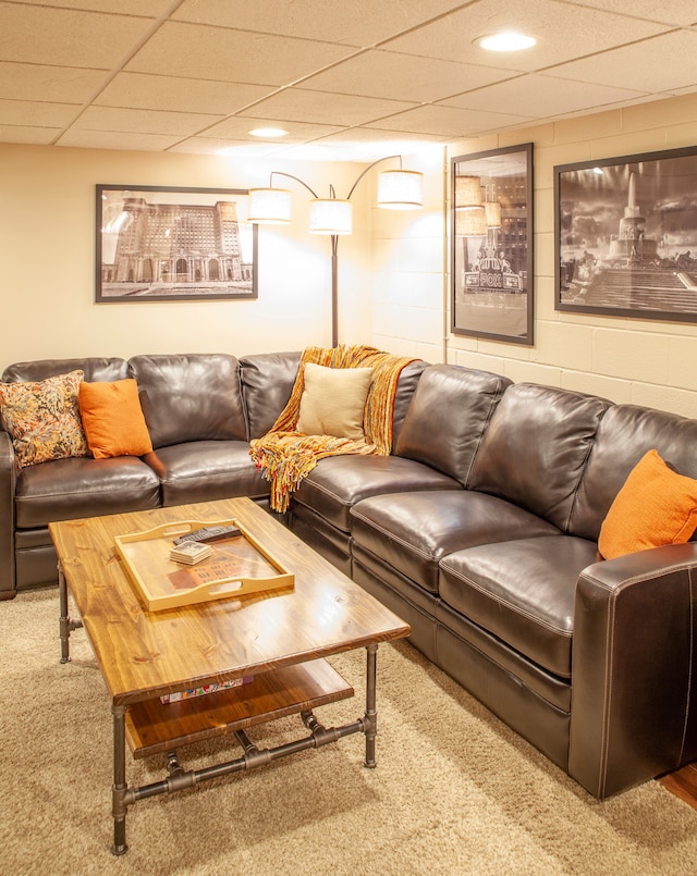 living room featuring carpet flooring and concrete block wall