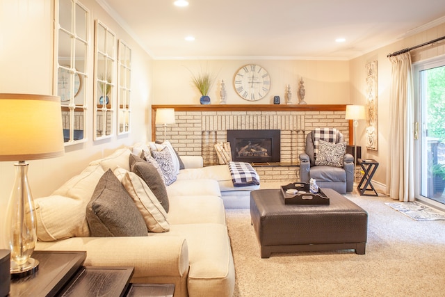 carpeted living room featuring crown molding, a fireplace, and recessed lighting