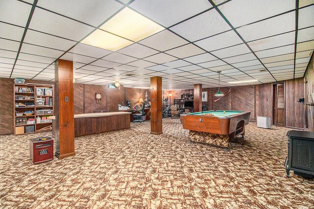 recreation room featuring wooden walls, billiards, and a paneled ceiling