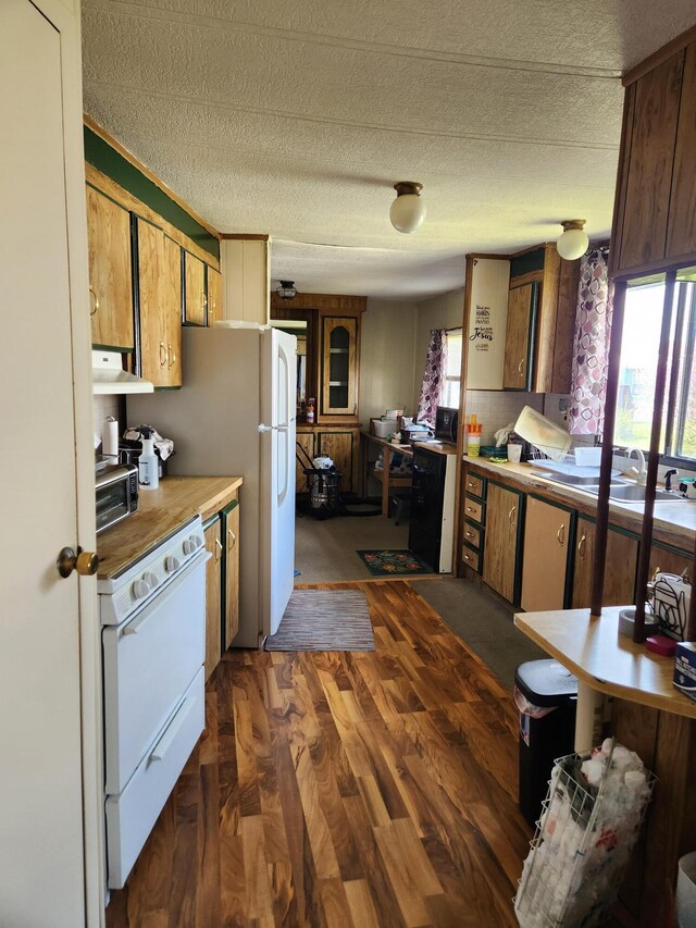 kitchen featuring light countertops, a textured ceiling, dark wood-type flooring, and a sink