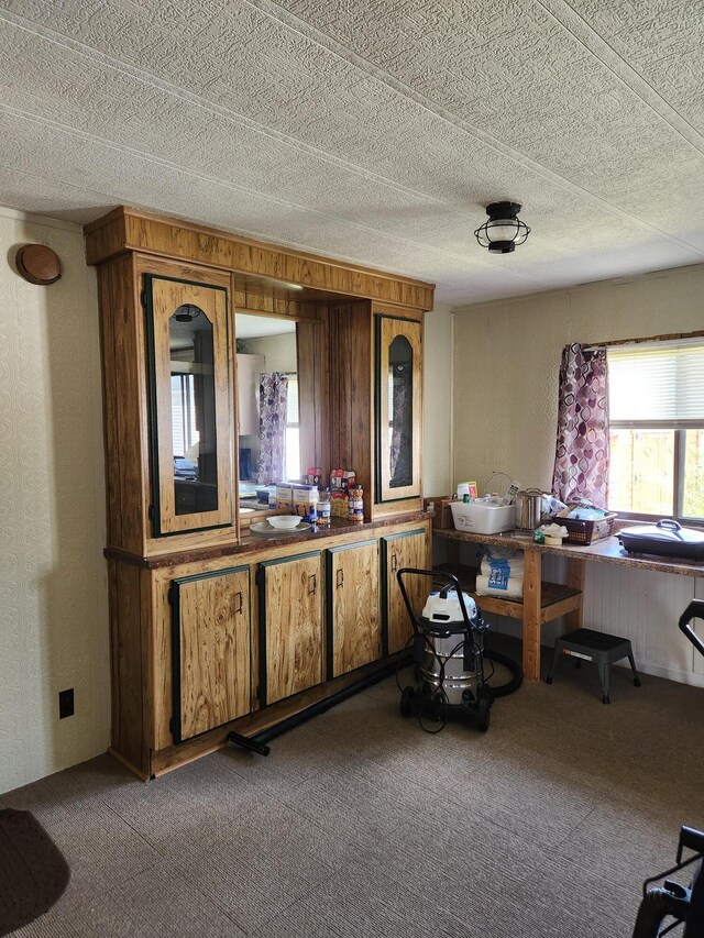 kitchen featuring healthy amount of natural light, brown cabinetry, and carpet flooring