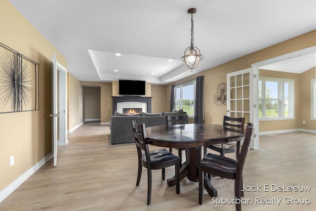 12840 Ridgedale Dr, Allendale, MI 49401 - dining space featuring baseboards, a raised ceiling, a warm lit fireplace, light wood-type flooring, and recessed lighting