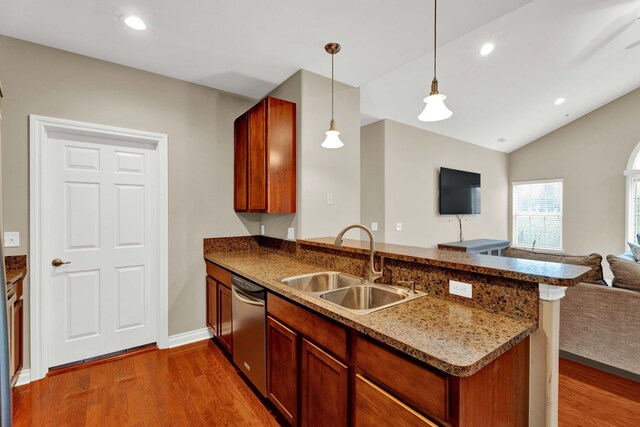 kitchen featuring a sink, open floor plan, stainless steel dishwasher, wood finished floors, and vaulted ceiling