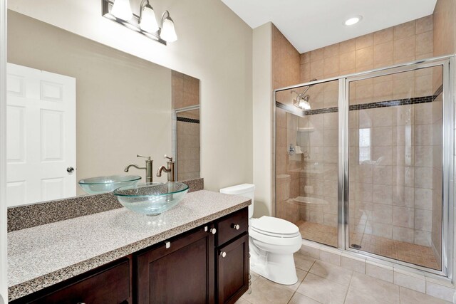 full bath with a shower stall, toilet, tile patterned flooring, vanity, and recessed lighting