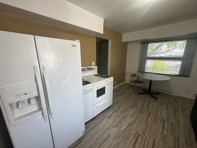 kitchen with white appliances, light countertops, white cabinets, and dark wood finished floors