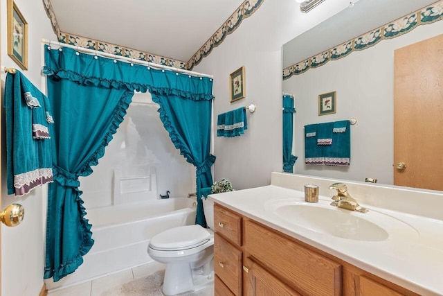 full bath featuring tile patterned flooring, toilet, vanity, and shower / bath combo