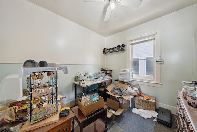 miscellaneous room featuring ceiling fan and carpet floors
