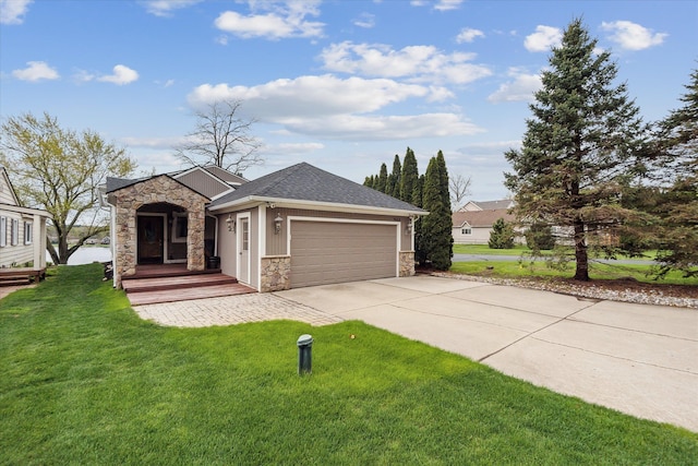 9669 Norman Rd, Clarkston, MI 48348 - view of front facade featuring stone siding, a garage, driveway, a front lawn, and a shingled roof