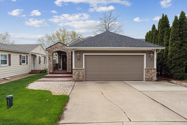9669 Norman Rd, Clarkston, MI 48348 - view of front of house featuring stone siding, a garage, driveway, board and batten siding, and a front lawn