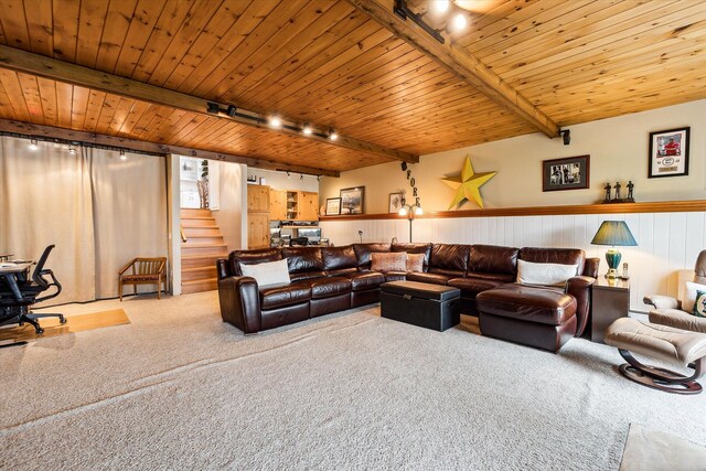 9669 Norman Rd, Clarkston, MI 48348 - living area featuring rail lighting, carpet flooring, a wainscoted wall, stairway, and wood ceiling