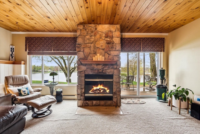 9669 Norman Rd, Clarkston, MI 48348 - living room with a baseboard heating unit, crown molding, a stone fireplace, carpet flooring, and wooden ceiling