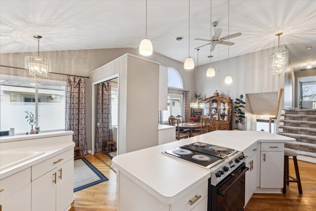 9669 Norman Rd, Clarkston, MI 48348 - kitchen featuring electric range, a chandelier, light wood-style flooring, and plenty of natural light