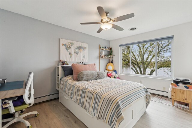 9669 Norman Rd, Clarkston, MI 48348 - bedroom featuring a baseboard heating unit, wood finished floors, and a ceiling fan