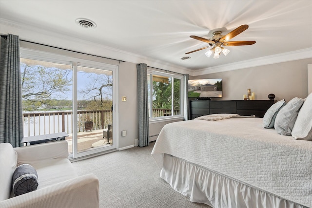 9669 Norman Rd, Clarkston, MI 48348 - bedroom featuring access to exterior, carpet flooring, ornamental molding, baseboards, and a ceiling fan