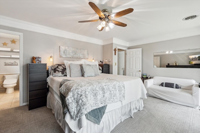 9669 Norman Rd, Clarkston, MI 48348 - carpeted bedroom with ornamental molding, ceiling fan, and connected bathroom
