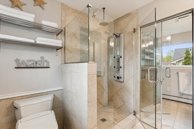 9669 Norman Rd, Clarkston, MI 48348 - full bathroom featuring a baseboard radiator, toilet, a stall shower, tile patterned floors, and tile walls