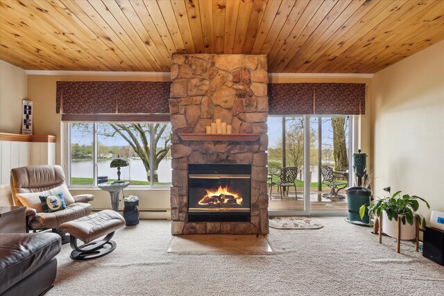 9669 Norman Rd, Clarkston, MI 48348 - living area featuring baseboard heating, crown molding, carpet floors, a stone fireplace, and wooden ceiling