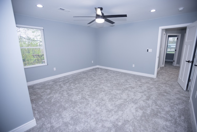 unfurnished bedroom with carpet flooring, baseboards, recessed lighting, and ceiling fan
