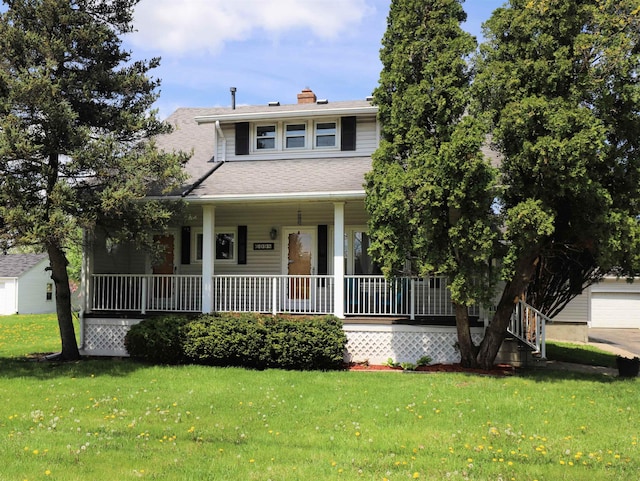view of front of house featuring a porch, a front lawn, a chimney, and roof with shingles