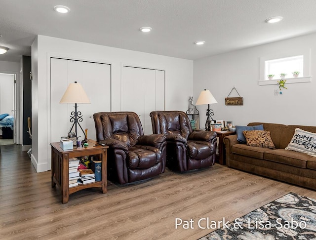 living area with light wood-style flooring and recessed lighting