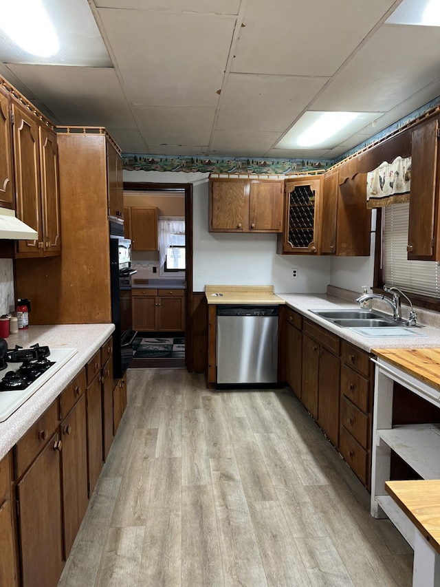 kitchen featuring dishwasher, light wood-type flooring, a sink, and light countertops
