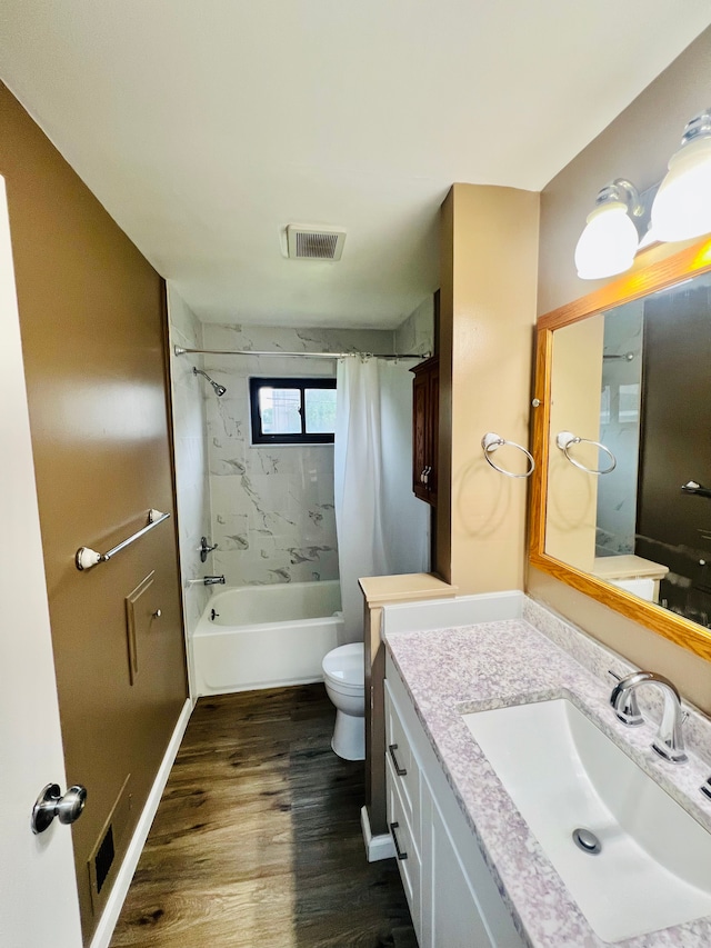 25432 Wexford Ave, Warren, MI 48091 - bathroom featuring shower / bath combination with curtain, toilet, wood finished floors, and vanity
