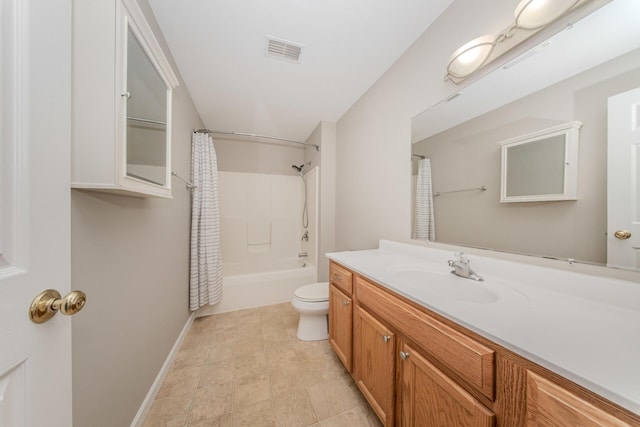 full bathroom featuring vanity, toilet, baseboards, and shower / bath combination with curtain