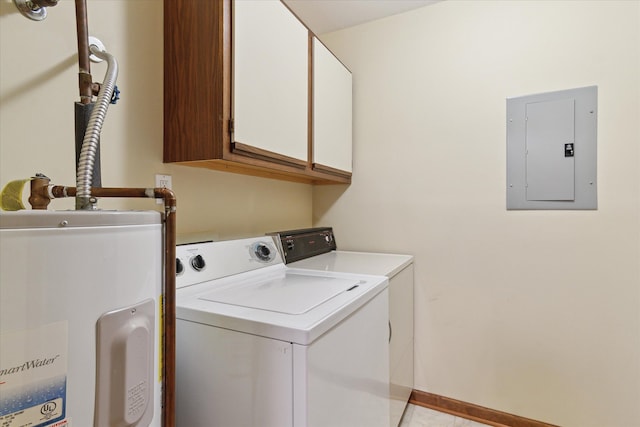 laundry area with electric panel, independent washer and dryer, cabinet space, and water heater
