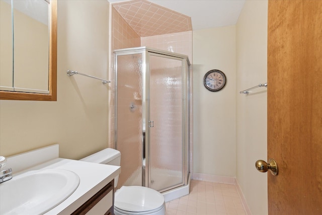 full bath featuring a stall shower, toilet, vanity, and tile patterned floors