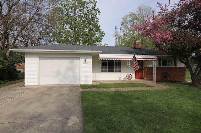 ranch-style home with concrete driveway, a front lawn, a garage, a chimney, and covered porch