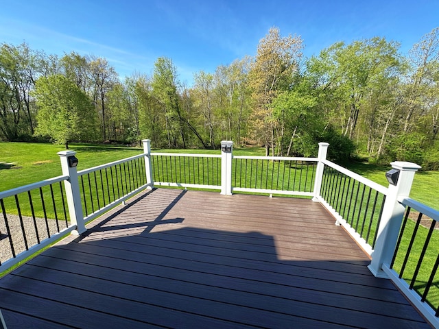 wooden terrace featuring a yard
