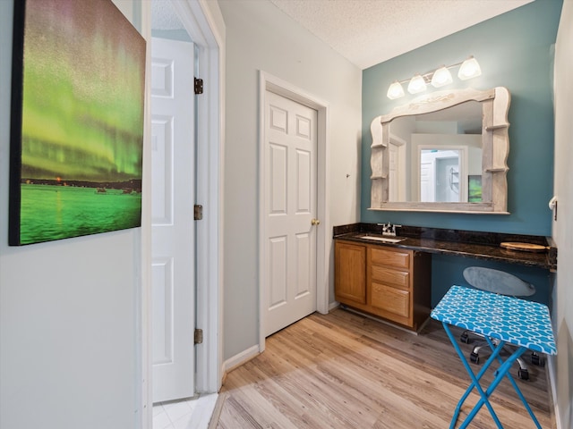 49559 Donovan Blvd, Plymouth, MI 48170 - bathroom with wood finished floors, vanity, a textured ceiling, and baseboards