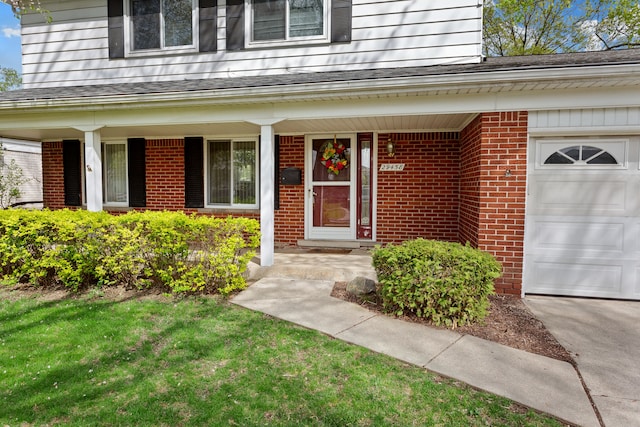 29458 Walker Dr, Warren, MI 48092 - view of exterior entry with brick siding, a porch, an attached garage, roof with shingles, and a yard
