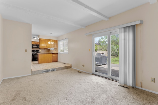 29458 Walker Dr, Warren, MI 48092 - unfurnished living room with light colored carpet, beam ceiling, baseboards, and a chandelier