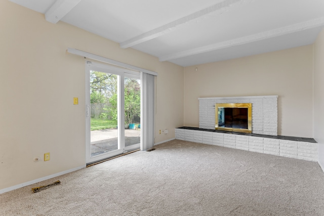 29458 Walker Dr, Warren, MI 48092 - unfurnished living room with beam ceiling, carpet floors, a fireplace, and baseboards