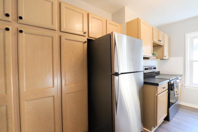 kitchen with appliances with stainless steel finishes, light brown cabinets, light wood-style floors, baseboards, and dark countertops