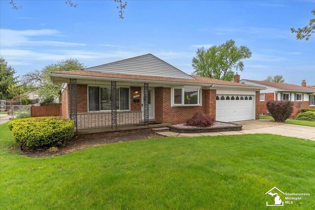 ranch-style home featuring an attached garage, brick siding, a porch, concrete driveway, and a chimney