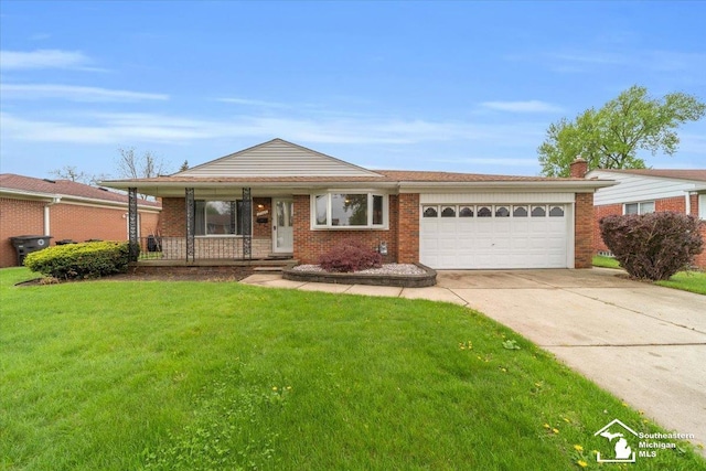 ranch-style home featuring a garage, concrete driveway, covered porch, a front yard, and brick siding
