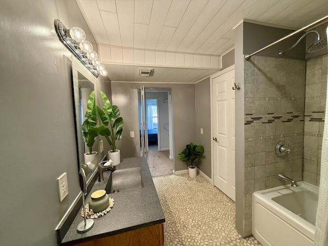 bathroom featuring vanity, shower / bath combination, wooden ceiling, and baseboards