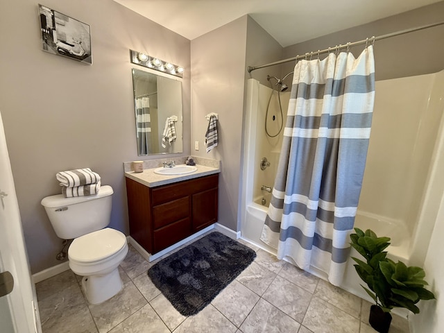 full bath with shower / bath combo, vanity, and toilet