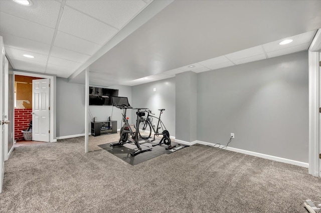 4661 Christopher Pines Dr, Clarkston, MI 48346 - exercise room with a paneled ceiling, carpet flooring, baseboards, and recessed lighting
